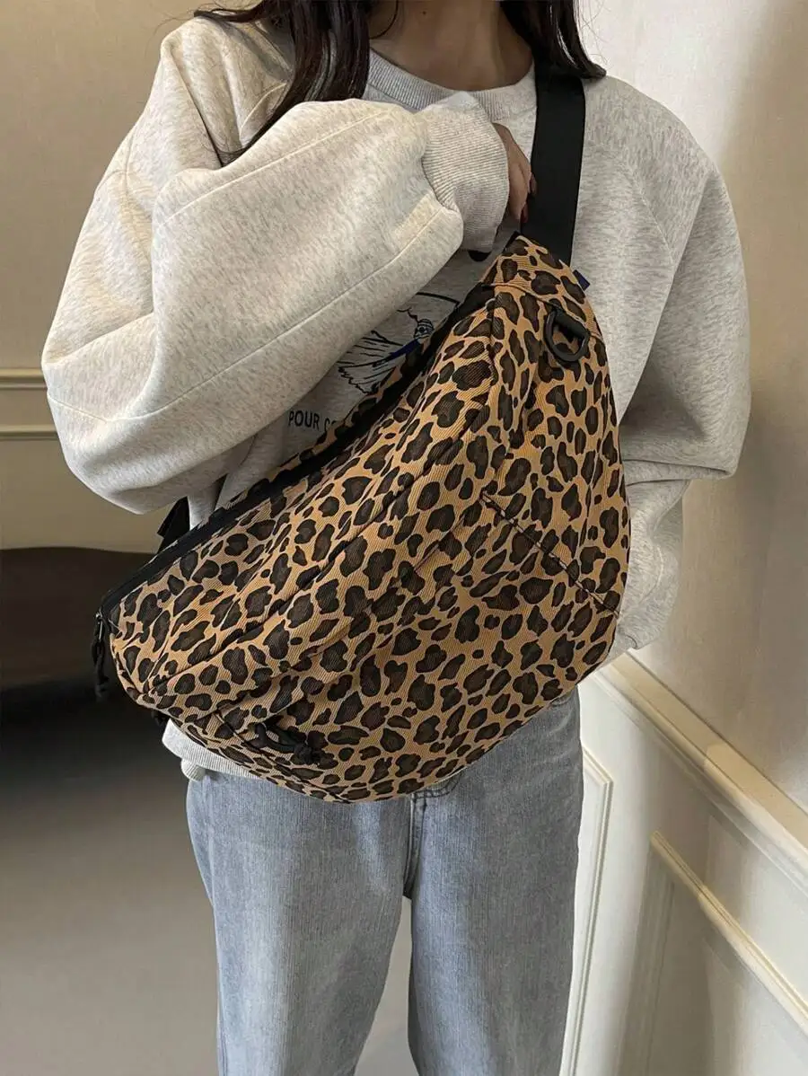 

Large Capacity Leopard Print Shoulder Bag, Crossbody Chest Bag, Minimalist Ins Style Messenger Bag, Sports Waist Pack