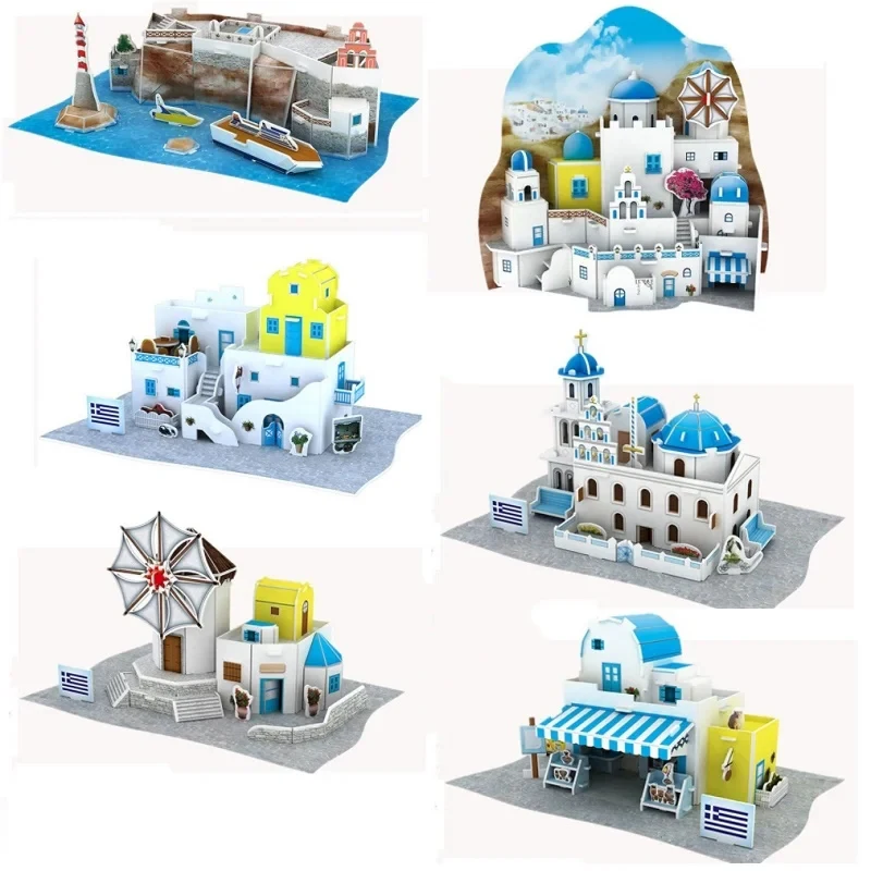 

Greece Santorini Aegean Sea House Home Store 3D Paper Puzzle Building Model Toy World's Great Architecture Boy Girl Travel Gift