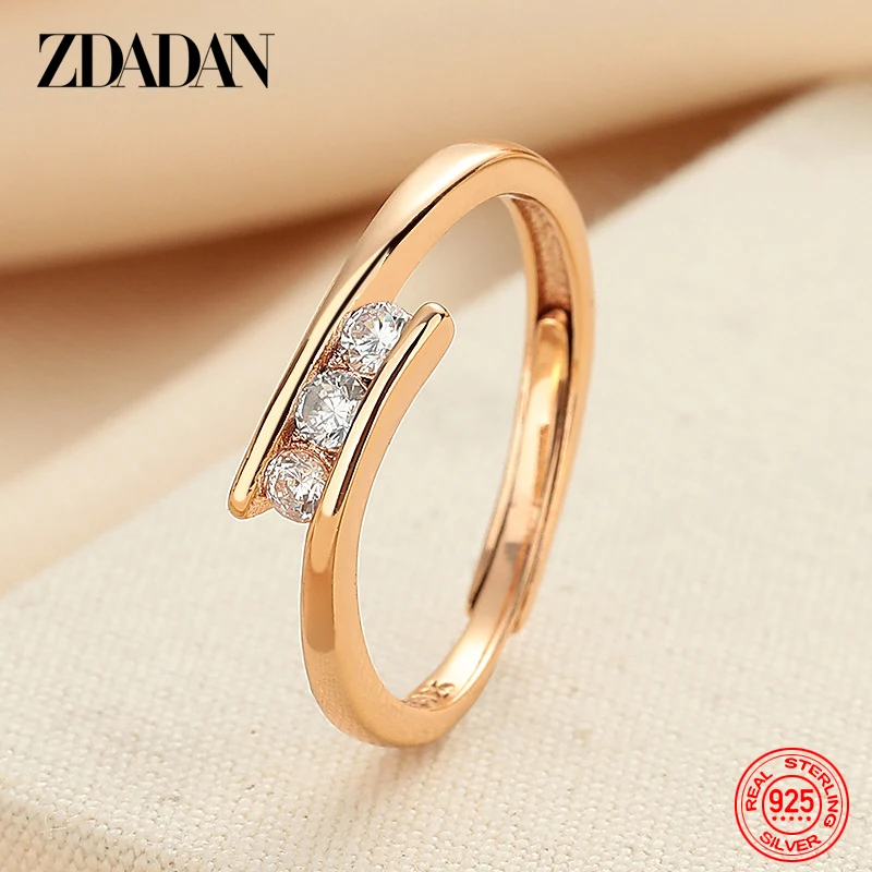 

ZDADAN 925 Sterling Silver Rose Gold Simple Zircon Adjustable Ring For Women Girls Fashion Jewelry