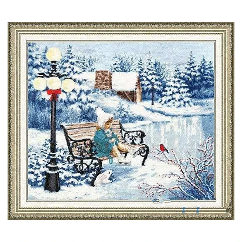 Amishop Top Quality Beautiful Lovely Counted Cross Stitch Kit Roller Skates Ice Little Girl Winter Lake Snow Chm