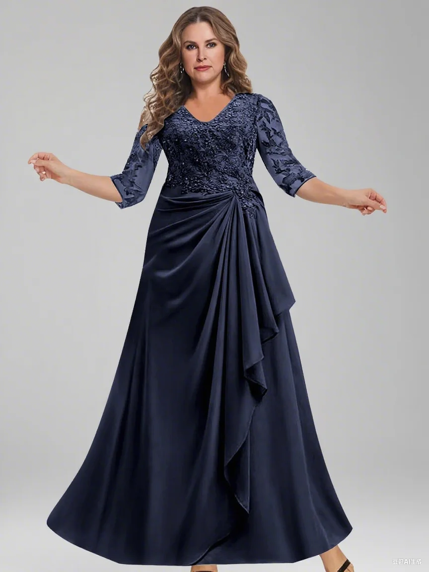 

Mother of The Bride Dresses-Long Evening Formal Dress V Neck Wedding Guest Dresses for Women Ruffle Lace Applique