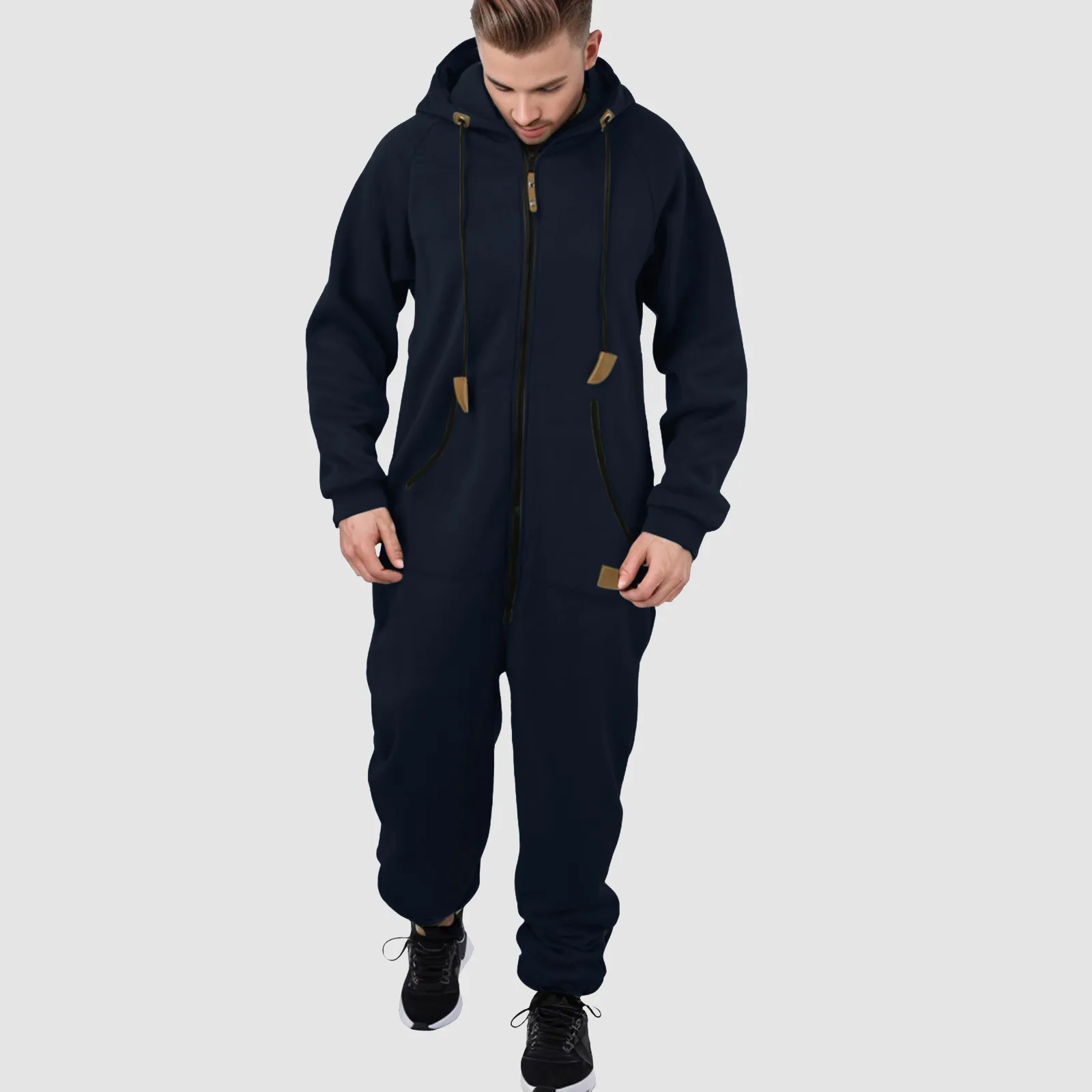 Men Pajamas Home-Wear Jumpsuit Loose Bodysuit Drawstring Casual Solid Color Zipper Hooded Pajama Casual Winter Warm Rompe