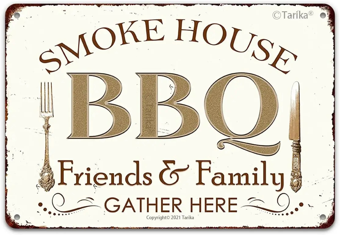 Retro Tin Sign, Smoke House BBQ Friends and Family Gather Here Funny Retro Vintage Metal Wall Art Decor 8” x 12” for Barbecue Ba