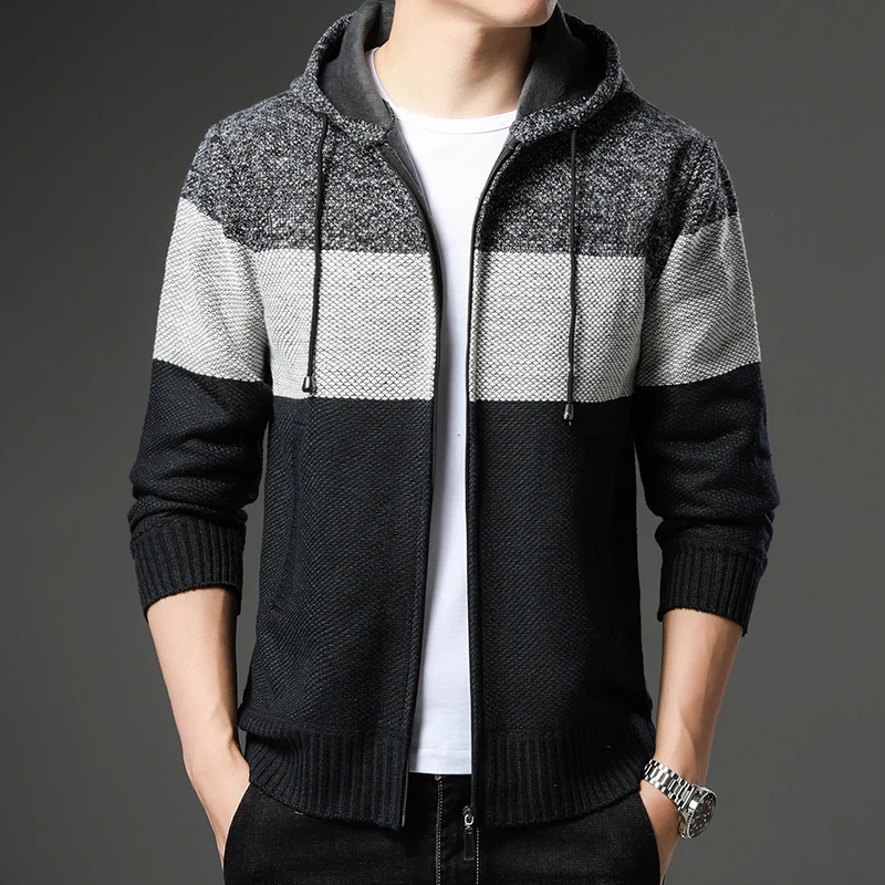 Mens Autumn Winter Sweater Feece Cardigan Jacket Knitting Hooded Cardigans Fashion Casual Slim Fit Korean Mens Top Clothes