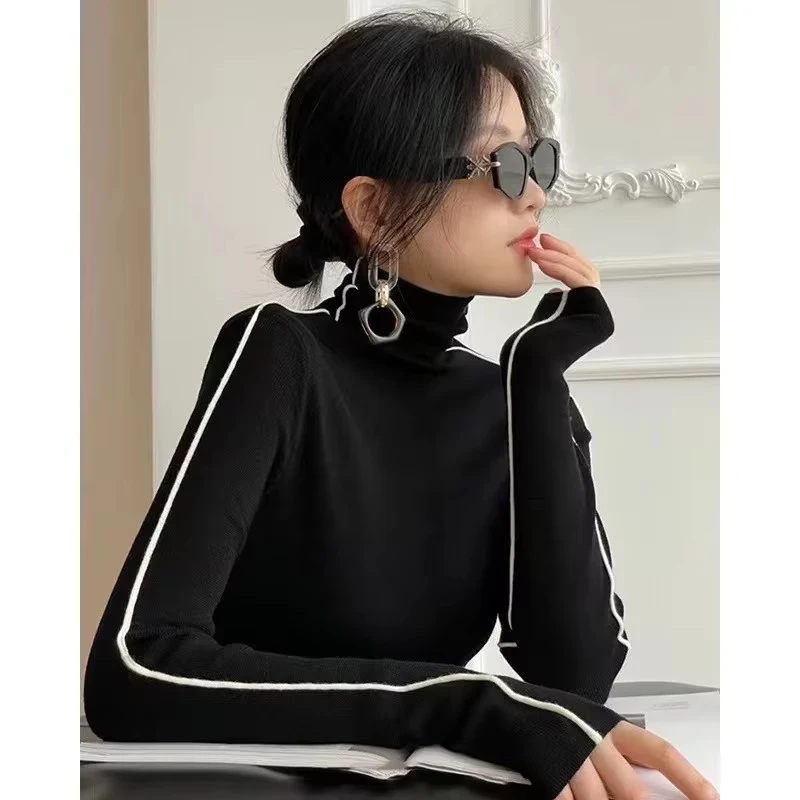 High Neck Knitted Sweater Women Autumn Winter Trendy Color Blocking Slim Fit Sweaters Female Base Simplicity Long Sleeved Tops