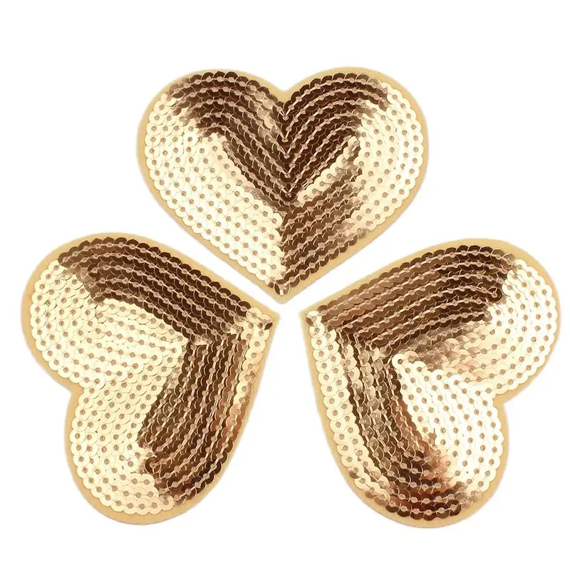 10 pz/lotto Paillettes Oro Cuore Patch Ferro Da Cucire Su Cappelli Scarpe Pantaloni Jeans Cappotti Adesivi FAI DA TE Tessuto Appliques Ricamo Toppe E Stemmi