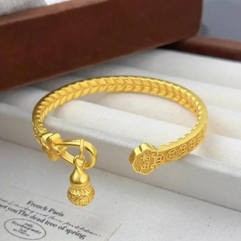 Lucky Gourd Auspicious Pattern Open Cuff Bangle Gold Plated Alloy Trendy Jewelry for Women Festival Celebration Wear