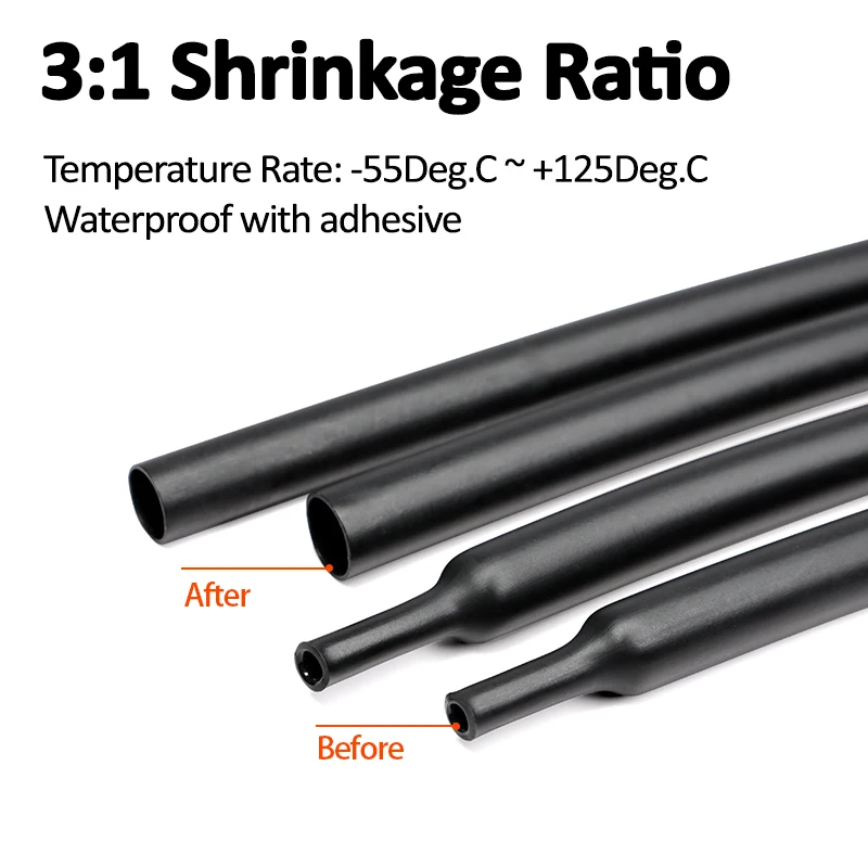 2-10m  Black 3:1 Dual Wall Adhesive Heat Shrink Tube With Glue 1.6mm-50mm Lined Polyolefin Shrinkin ﻿Wrap Cable Protect Sleeving