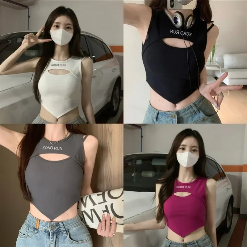 Summer Street Sleeveless Tanks Short Party Hot Tops Women Hollow Out Bra Y2K Female Sexy Camisole Spaghetti Strap Bra Crop Tops