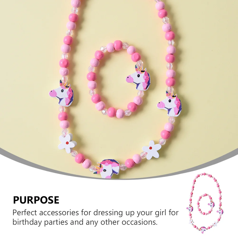 2개/세트 컬러풀 비즈 유니콘 어린이 목걸이 팔찌 세트 나무 플라스틱 펜던트 주얼리 소녀 생일 파티 액세서리 선물