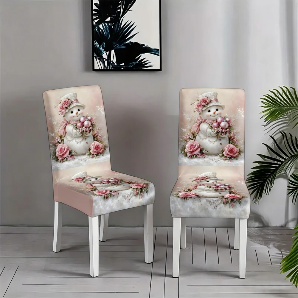 Pink Floral Snowman Dining Chair Cover Stretch Spandex Chair Slipcover Soft Pastel Christmas Winter Dining Decor