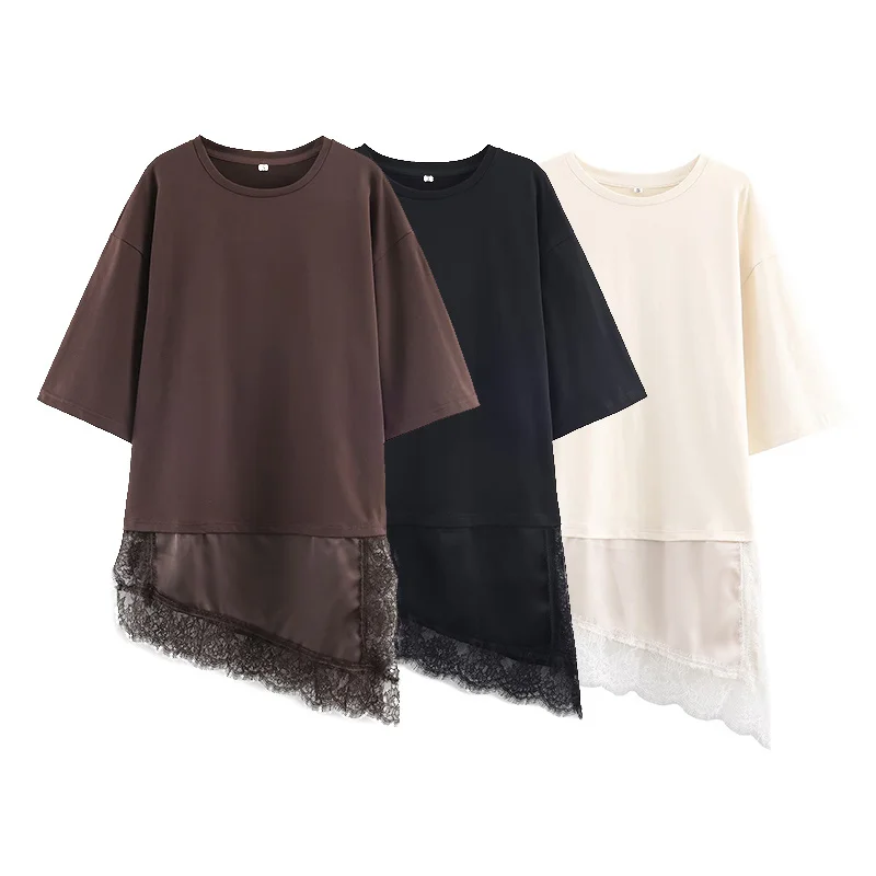 

Women's Top 2026 Spring New Solid Color Short Sleeve Round Neck with Lace Patch Asymmetrical Hem Pullover Top Stylish and Trendy