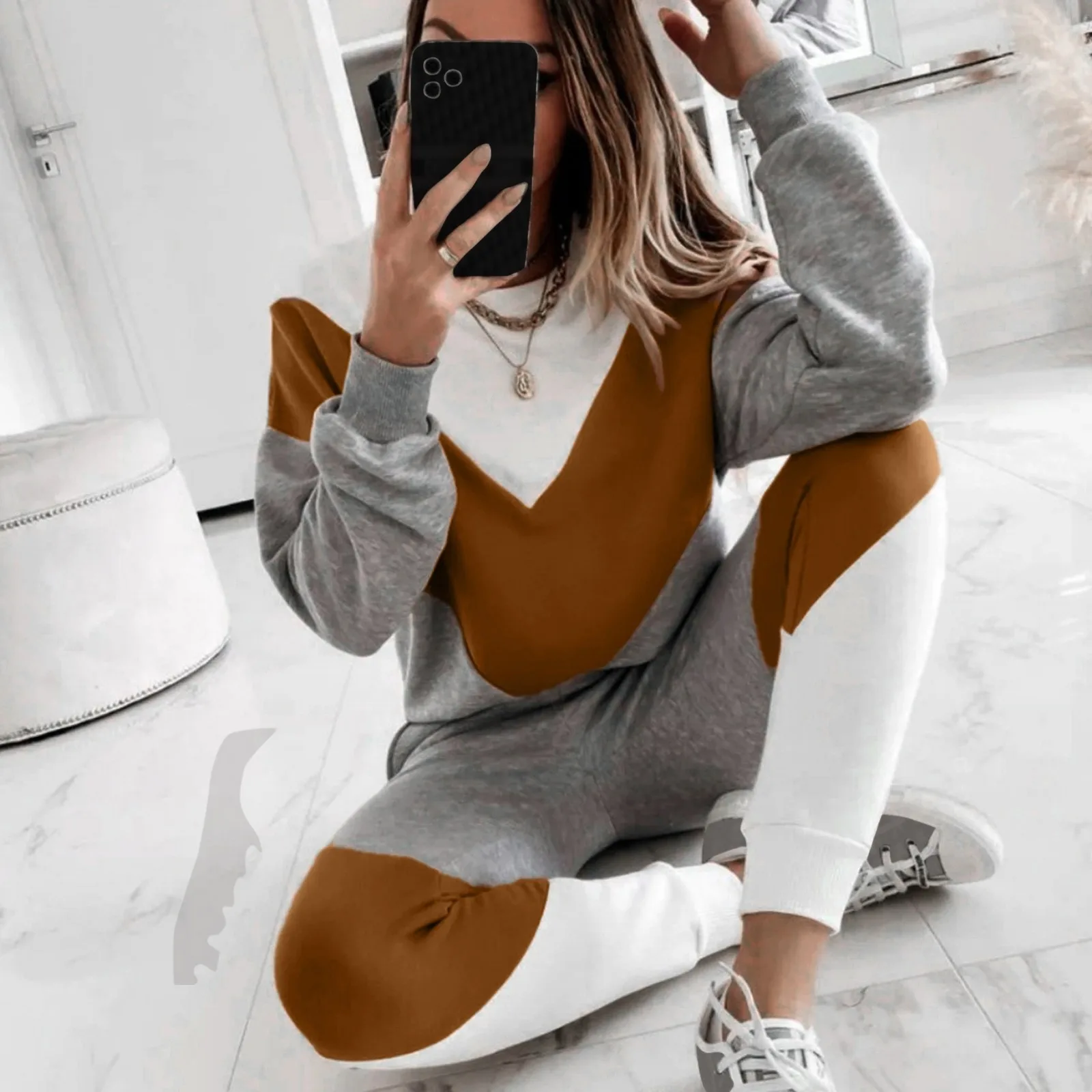 

Casual Women Winter Autumn Sport Suits Tracksuits Splicing Female Two Piece Sets Sweatshirt Top Loose Long Pants Jogging Sets