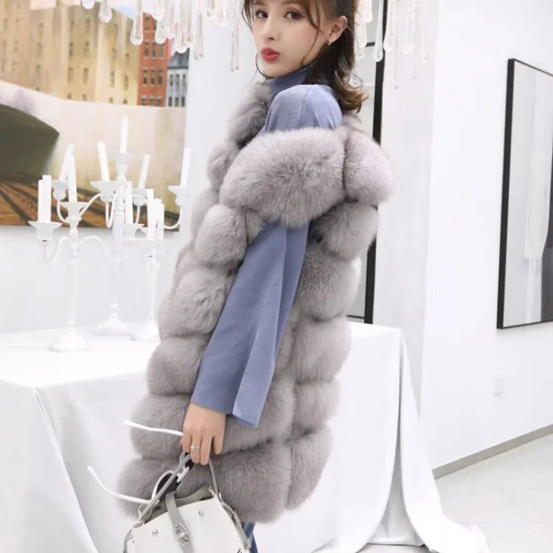 Natural Fox Fur Vest 100% True Fox Fur Vest Autumn and Winter Warm Jackets Women's Long Plush Natural Raccoon Fur Fox Long Shirt