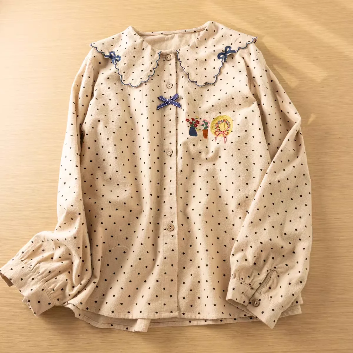 Mori girl sweet green polka dot shirts peter pan collar embroidery winter long sleeve tops for women y2k vintage top cute clothe