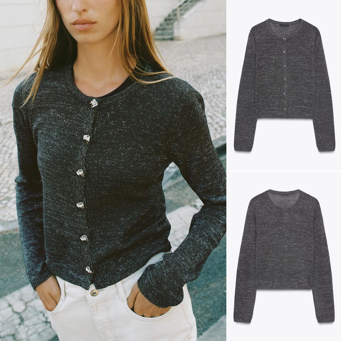 Otoño nuevo mujer redondo Ne Long Sve recto tejido línea de Metal botón cárdigan prendas de vestir exteriores Casual Sle fibra de poliéster