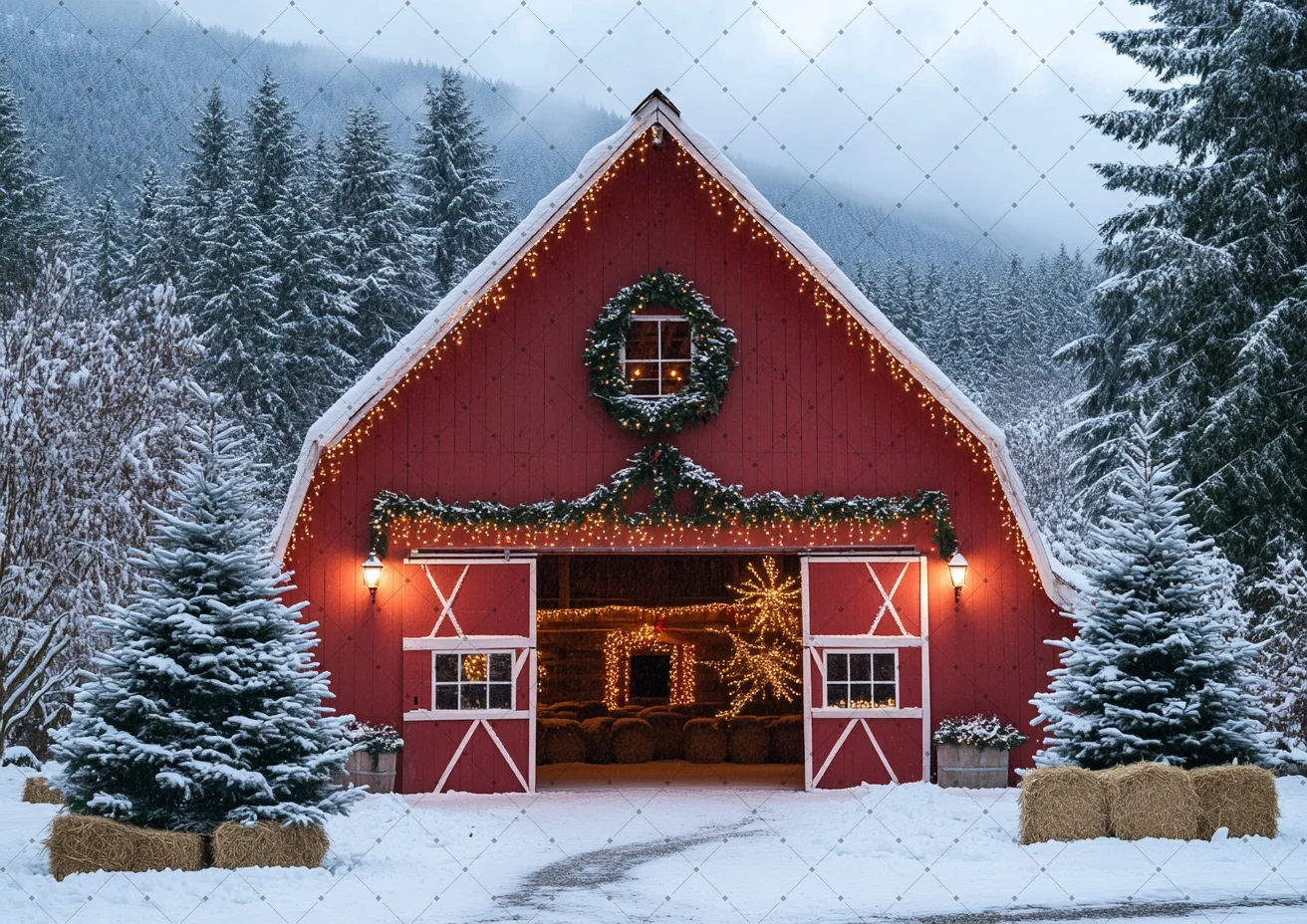 Winter Snowy Red Farm Barn Xmas Photography Backdrop Pine Wreath Light Hay Scene Family Holiday Portrait Studio Background