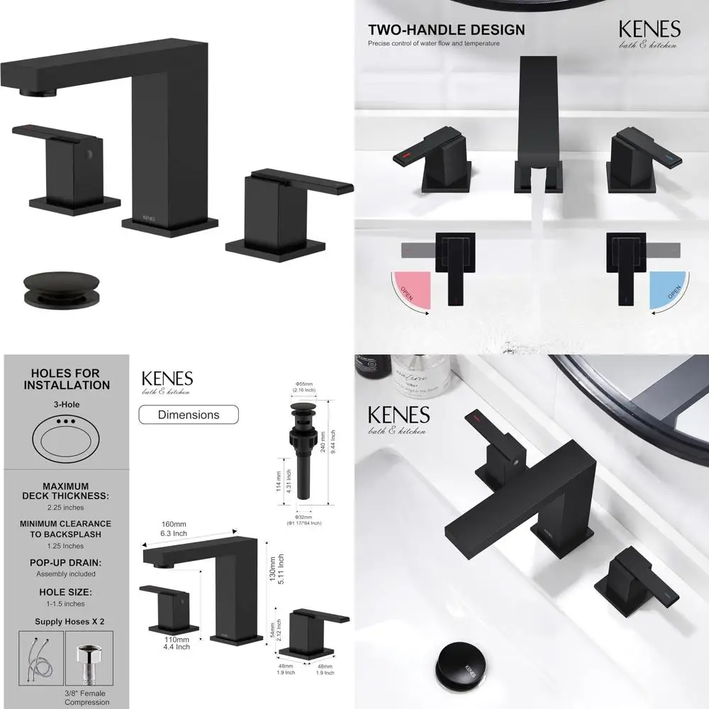 

Matte Black 8-Inch 3-Hole Widespread Sink Faucet Set with 2 Handles, Pop-Up Drain & Lines, KE-9050-2-P