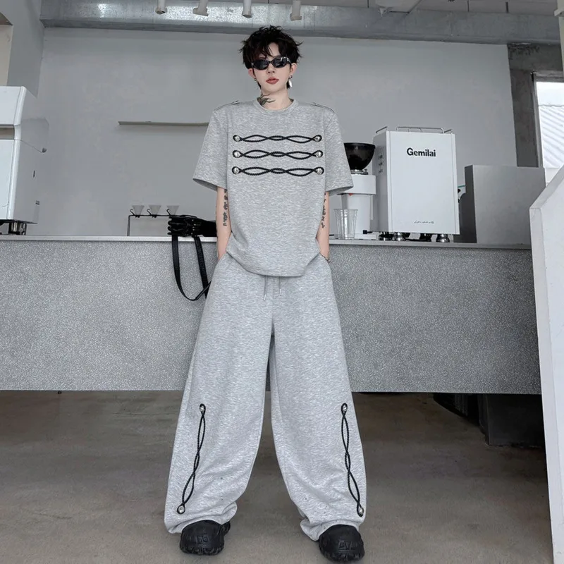 WVGA 2026 Summer New Men Shoulder Pads Ribbon Decoration Short Sleeved Tops Niche Casual Wide-Leg Pants Two-Piece Set Ins W24374 view 6