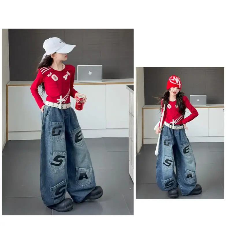 

Kawaii Girl Fashion T-Shirt Cowboy Pants Set Student Autumn Cartoon Casual Tops Wide-Leg Pants 2-Piece Set Children's Clothing