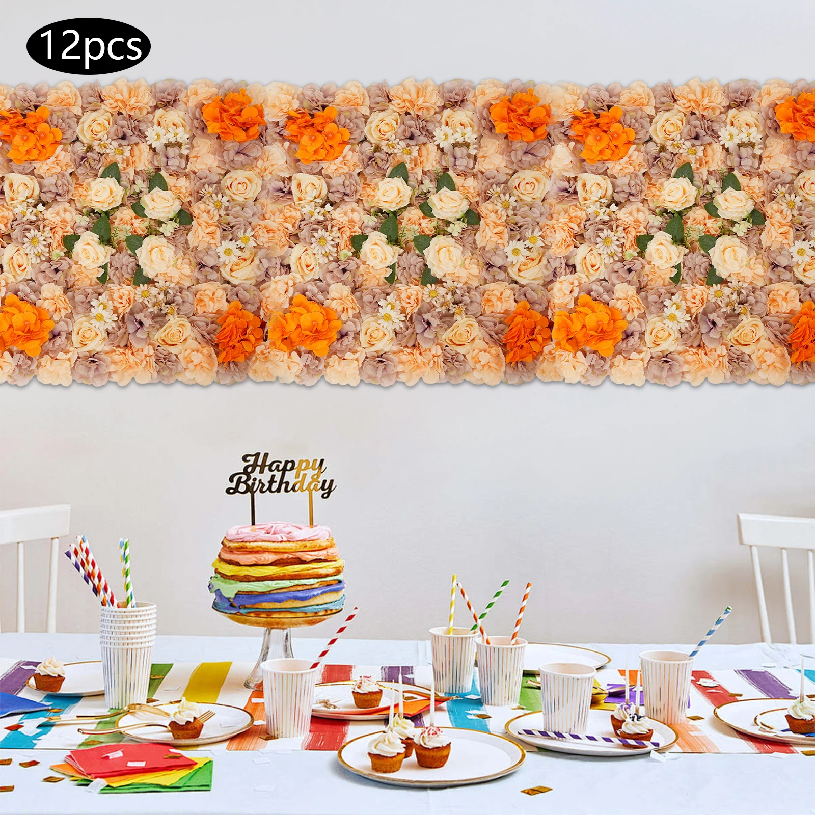 

Artificial Flowers Wall Panels, 12 Pcs 38x38cm Flower Wall Panels W/ 100 Cable Ties, Champagne Autumn Dahlias Roses Hydrangeas