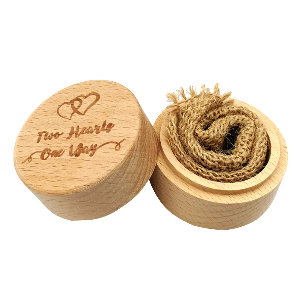 

Vintage Wooden Round Ring Box Wedding Engagement Rustic Rings Holder with Two Hearts One Way Design for Proposal Ceremony