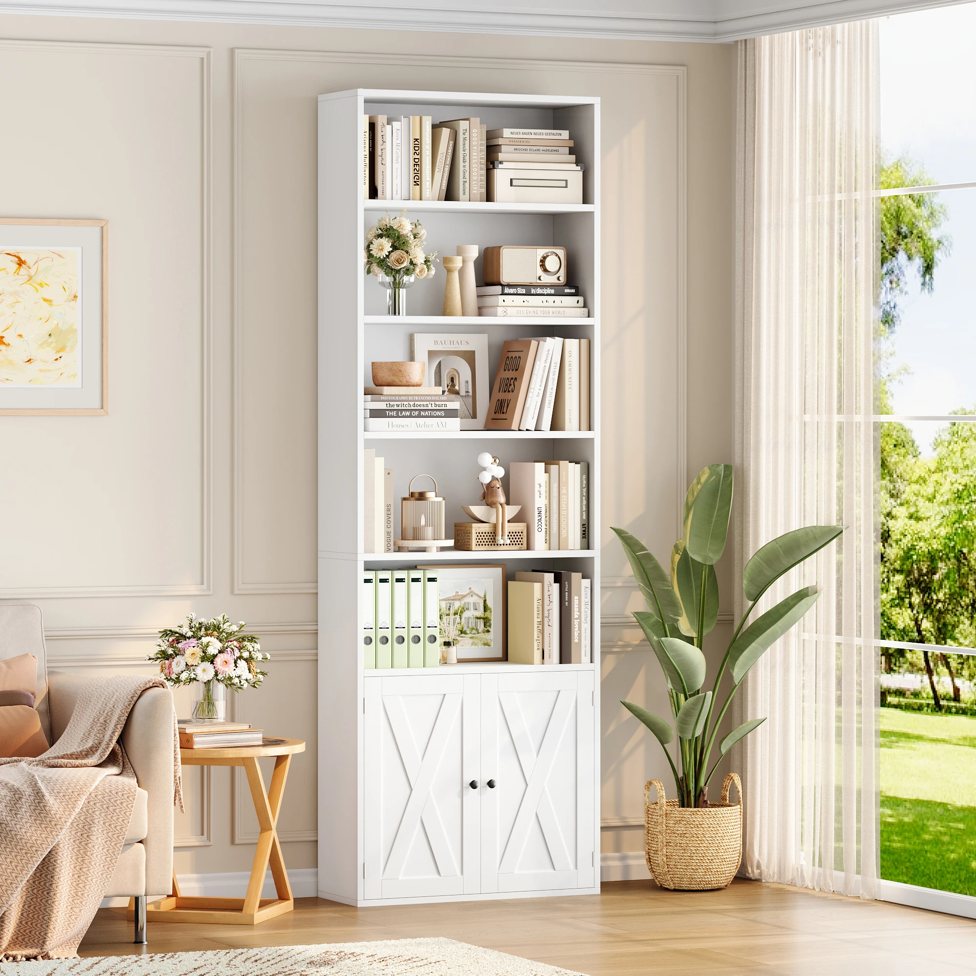 Getone Bibliotheque 209 cm Bibliothèque Meuble de Rangement avec 2 Portes 8 Étagères Rangement Bibliothèque Étagère de Rangement Étagère Réglable Bibliotheques pour Bureau Salon Cuisne Chambre