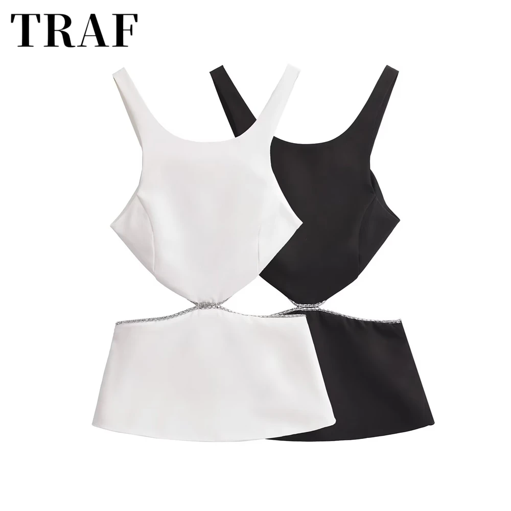 TRAF Women\'s 2024 New Fashionable and Sexy backless Jewelry Inlaid Open Design Strap Tank Top Slimming Short Top