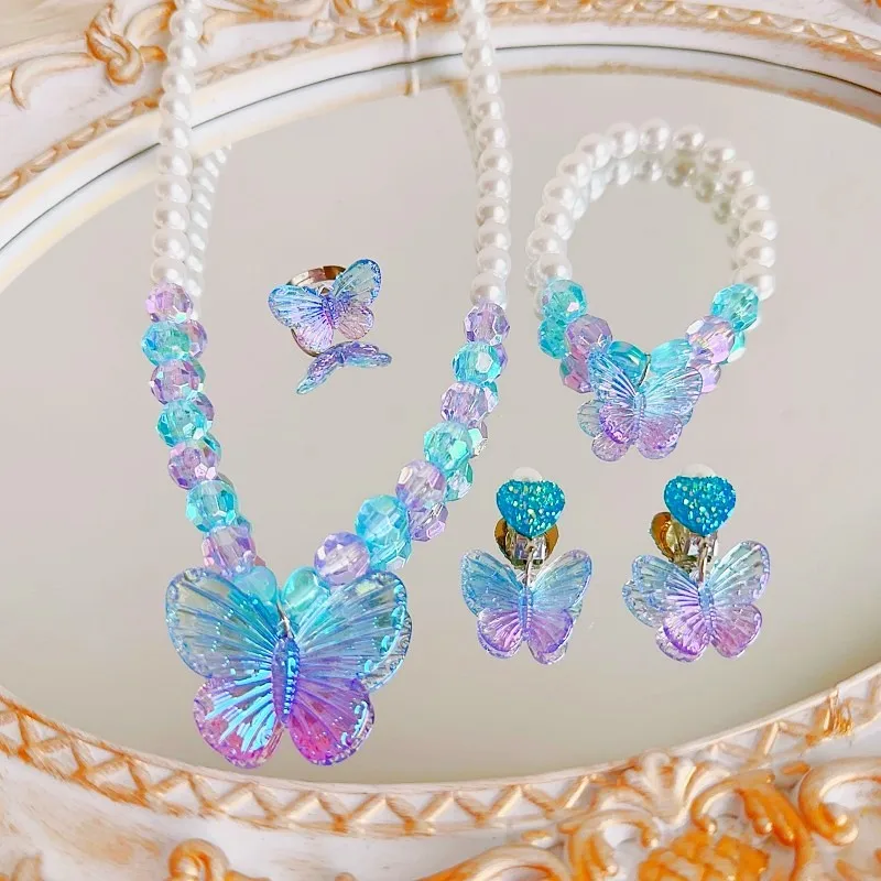 Mermaid Princess Jewelry Set 5Pcs Kids Hypoallergenic Pearl & Alloy Necklace Earrings Ring Cartoon Butterfly Gift
