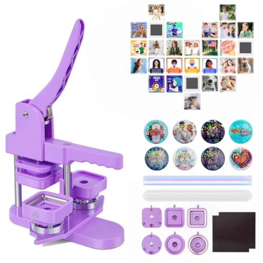 

Button Maker Machine Square and Round Button Badge Press Kit- 50pcs Square Magnet Button 2'' x 2'' + 50pcs Circle Pinback Butto