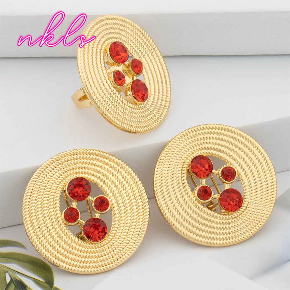 Dubai Round Design Luxury Gold Color Jewelry Set for Women African Fashion Bangle Earrings Necklace Ring Set Wedding Party Gift