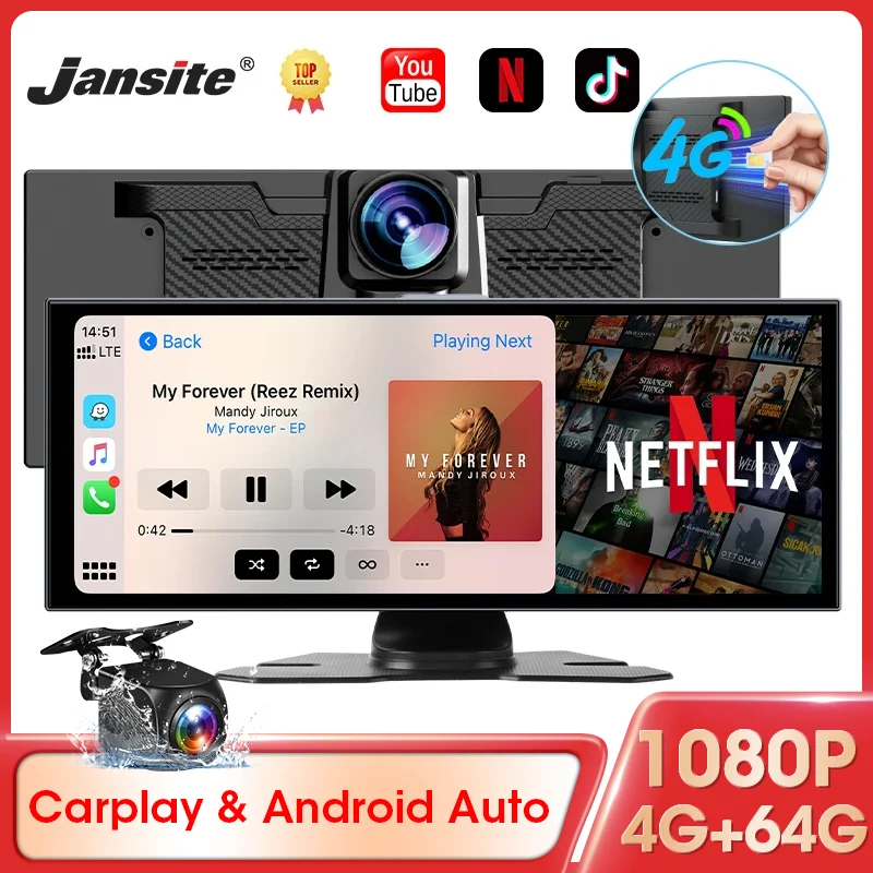 11.26 polegadas Dash Cam 4G + WIFI Android 14 8Core 4G + 64G Carplay Android Auto Car DVR 1080P Gravação Suporte Youtube Netflix