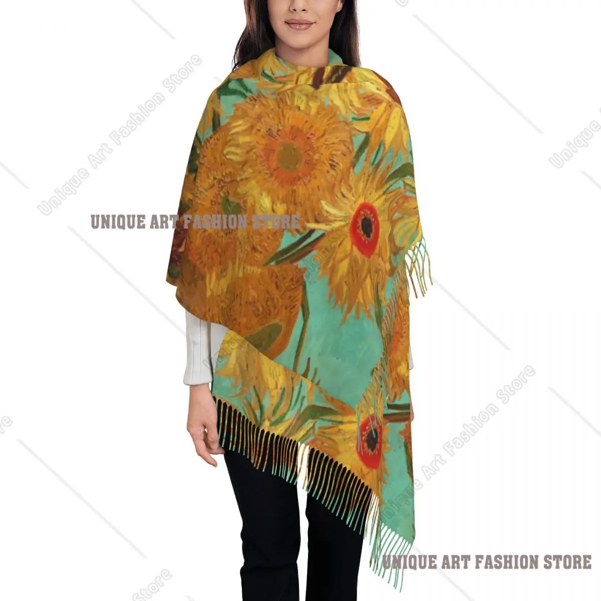 

Шарф с подсолнухами для женщин, осенне-зимняя кашемировая шаль, длинные большие шарфы для художника с кисточками, женские