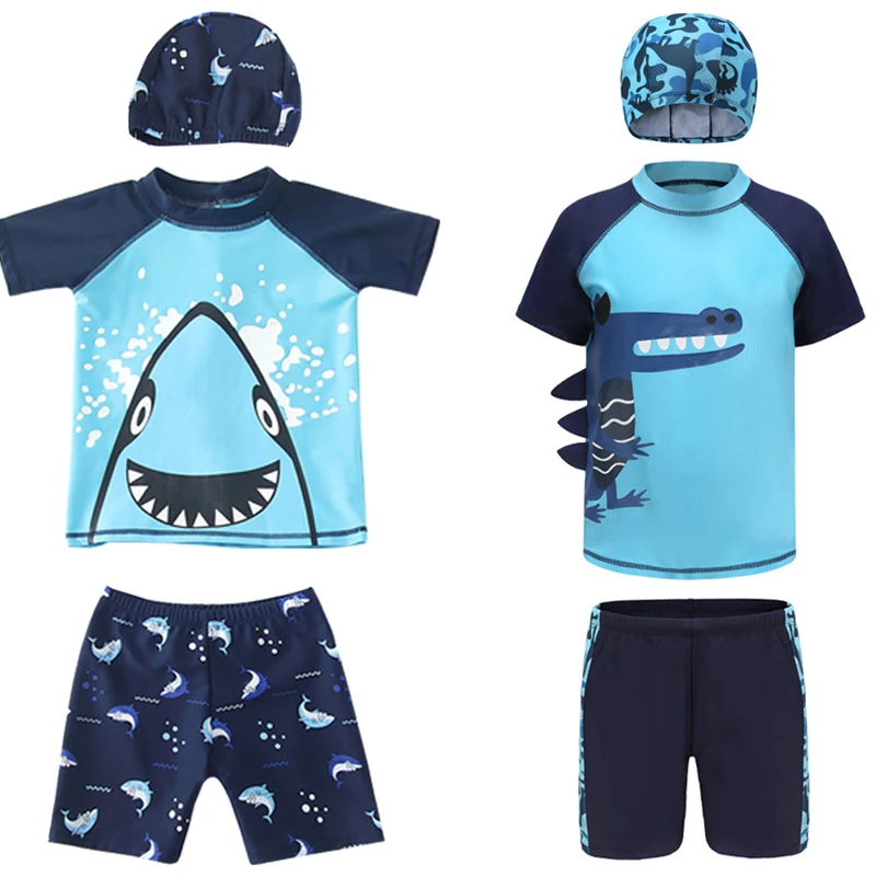 

Summer Short Sleeve Boys Swimwear Shark Dinosaur Children's Swimsuits With Hat 3pcs Swimsuit Kids Boy Kids Beach Wears Pool Spa