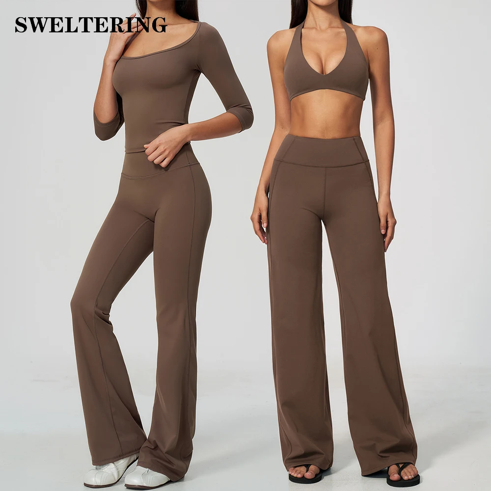 2 Piece Fitness Suit Women Tracksuit Yoga Clothing Sport Outfits Gym Workout Long Sleeve Crop Top Wide Leg Pants Suit Sportswear