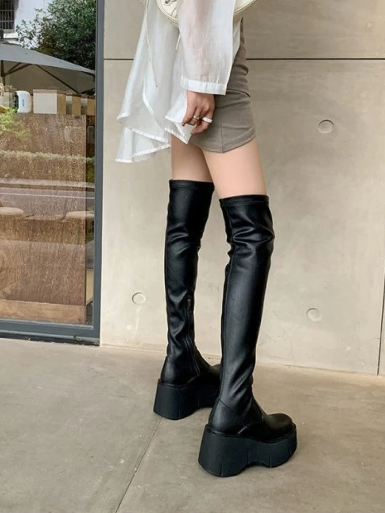 

Women's Thick Sole Wedge Heel Over The Knee Motorcycle Style Boots Patent Leather Side Zipper Round Toe Stretch Tall Boots