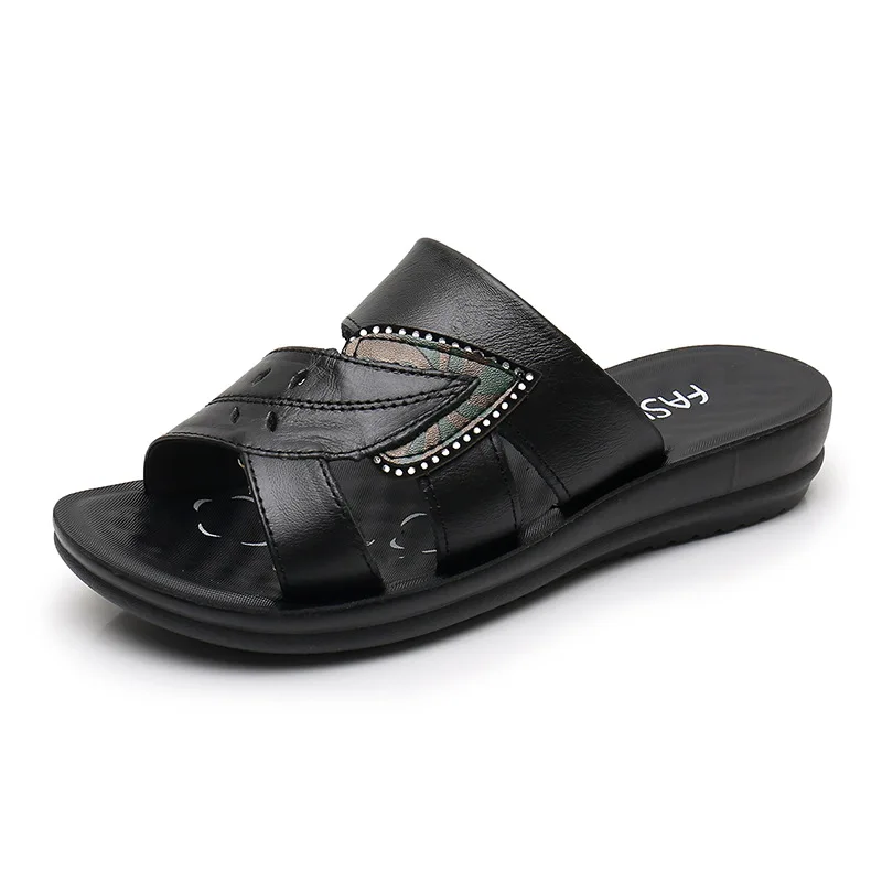 Red Leather Wedge Slide Sandals For Women With Leaf Rhinestone Detail Open Toe Non Slip Thick Sole Comfortable Casual Summer Out view 6