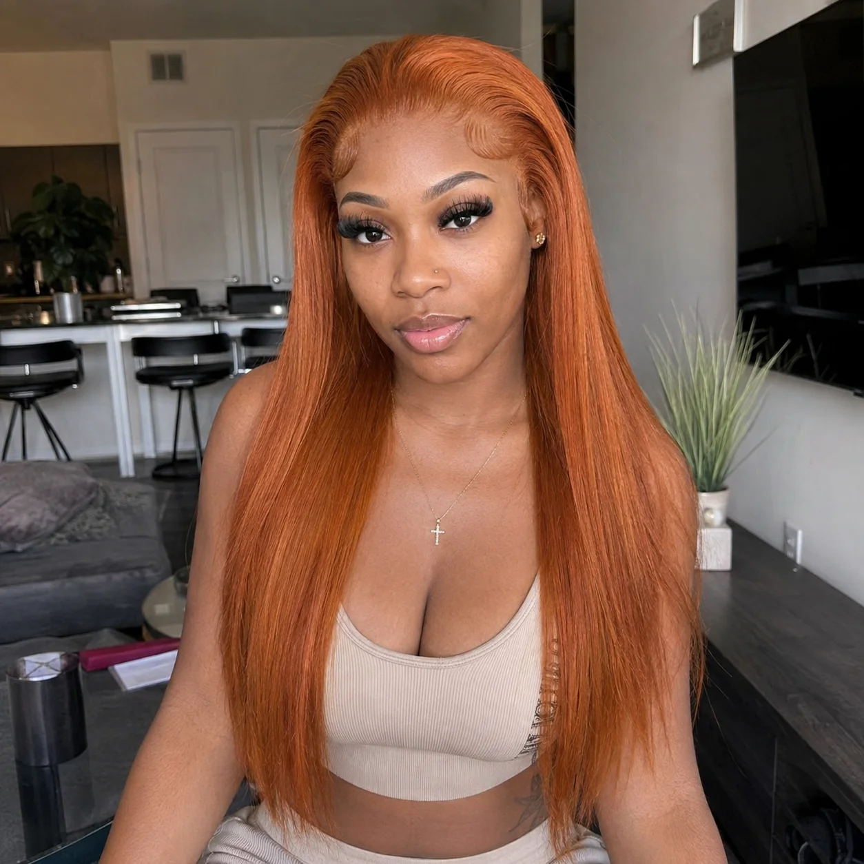 TIMOPOL #350 Ginger Copper Orange Straight Human Hair Wig, 20 Inch 13x4 Lace Front Glueless Pre Plucked Baby Hair Wig for Black Women Daily Wear