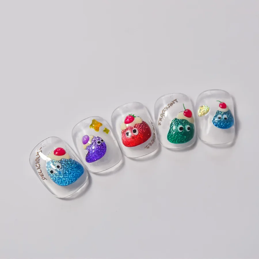 Gelei Pudding Kersen Grappige Ogen Fruit Voedsel Geboord Kat Glanzende Liefde Hart Cartoon Taart Koek Reliëf Nail Art Sticker Manicure Sticker