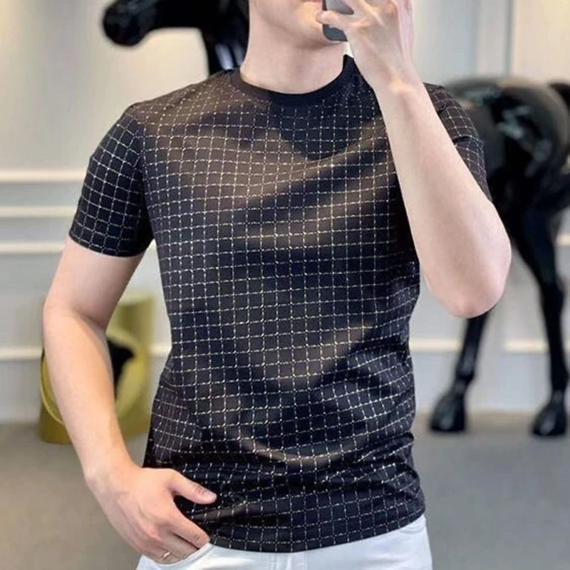 Fashion O-Neck Korean Printed Plaid Short Sleeve T-Shirts Men Clothing 2024 Summer New Loose All-match Tops Casual Tee Shirt