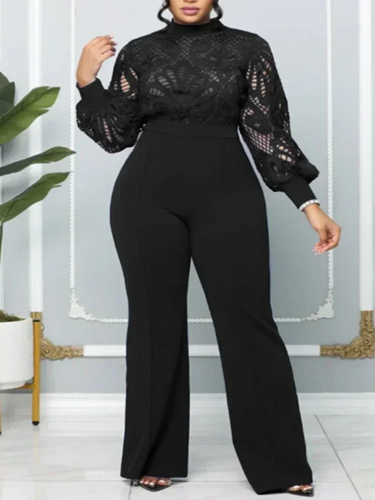 Elegant Women Jumpsuits Classy High Neck Hollow Out Lace Panel Long Sleeve One Piece Outfits Dressy Wide Leg Jumpsuits Casual