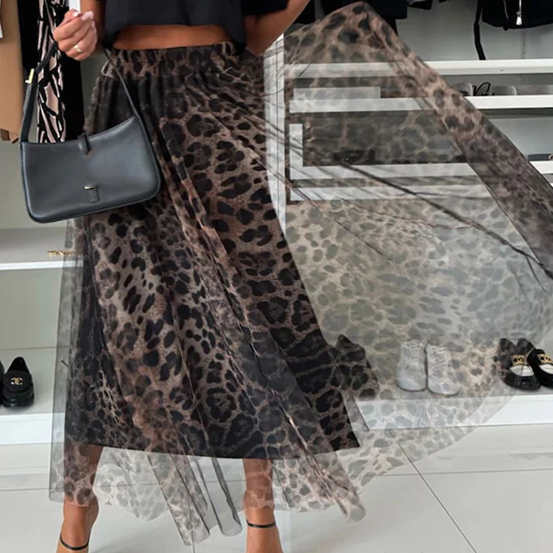 Moda damska Club Party Slim Half Skirts New Autumn Leopard Print Pleated Skirts Elegant Elastic High Waist Mesh Long Skirt