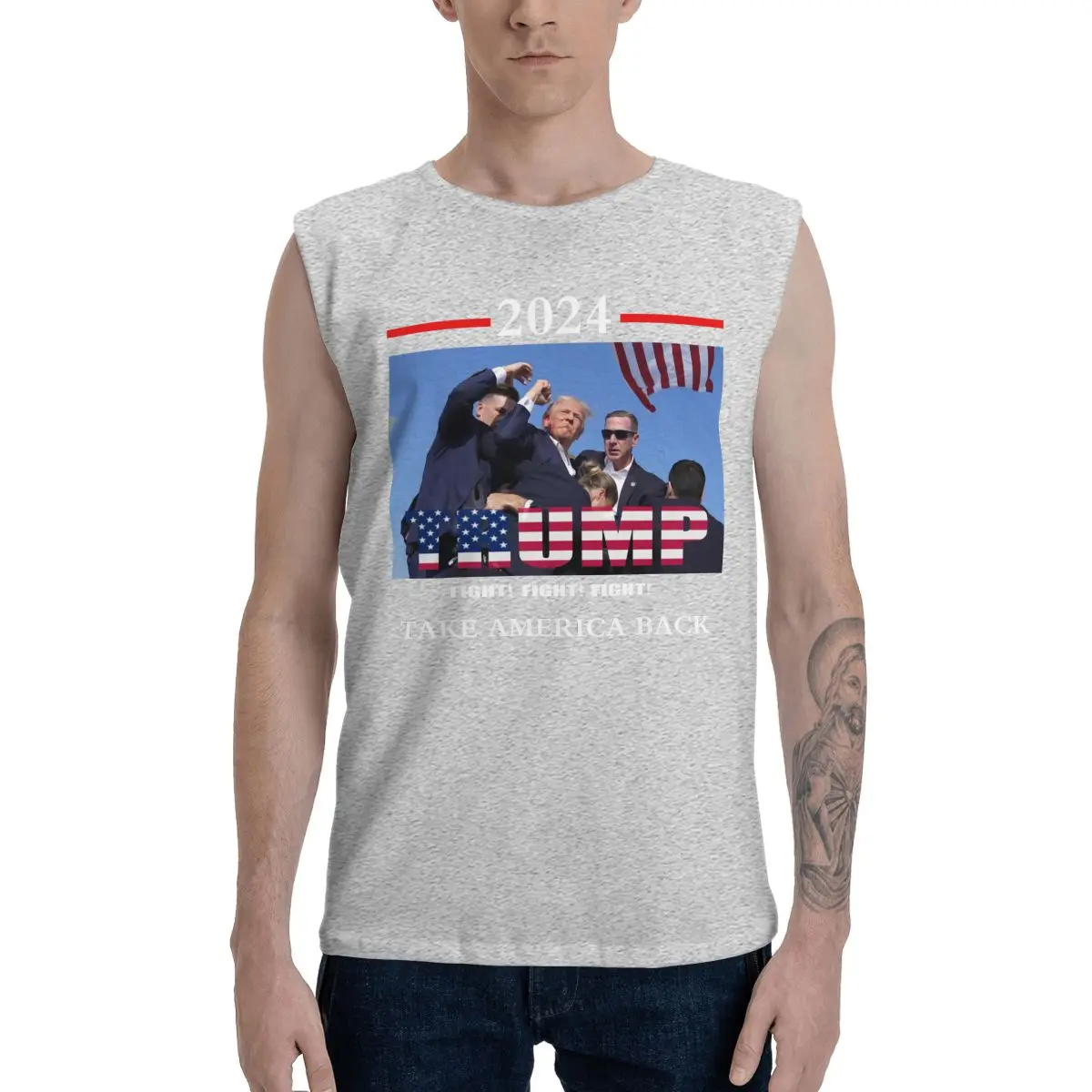 

Sleeveless T-Shirt Donald Trump 2024 Men Women, Crew Neck Tank Top President Trump Take USA Back Election Fighting614381863