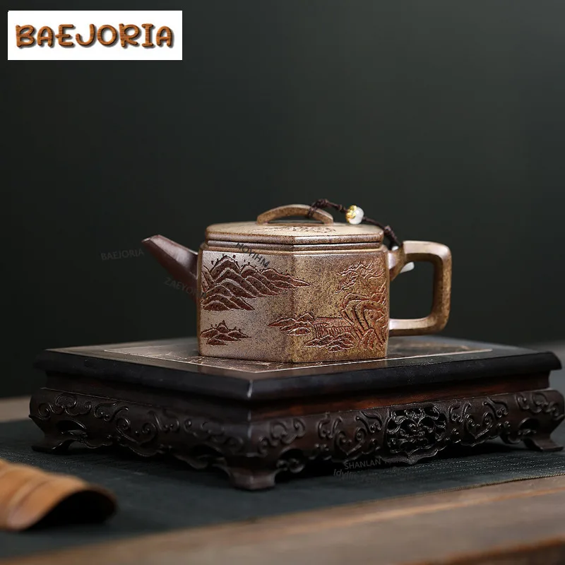 BAEJORIA 260ml Yixing Purple Clay Teapot Handmade Hexagonal Large Caliber Pot Raw Ore Agilawood Mud Kettle With Infuser Zisha