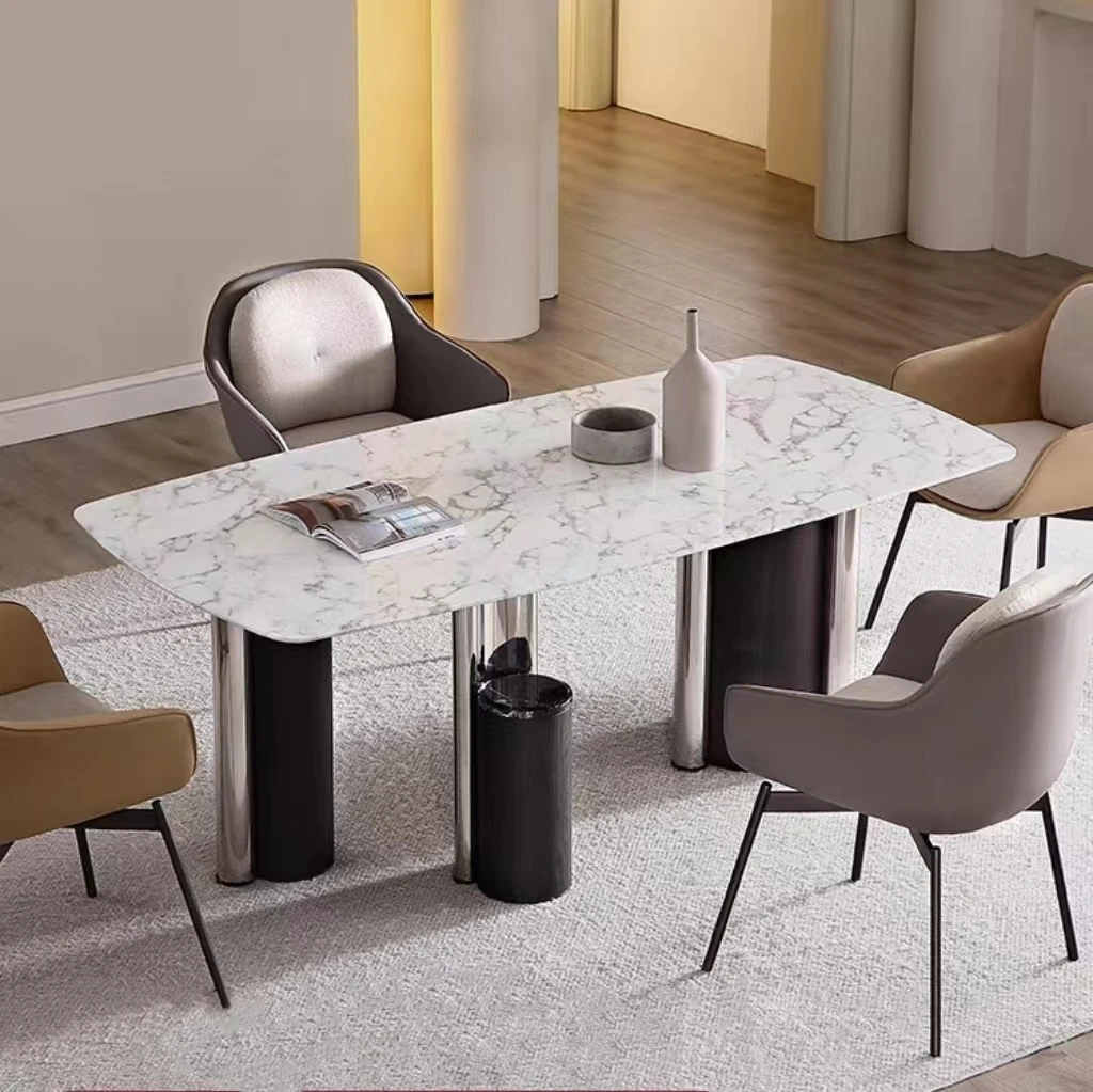 

hu-Luxury Marble Stone Dining Table Set Rectangular Modern Kitchen Dining Room Home Furniture Nordic Dining Table#