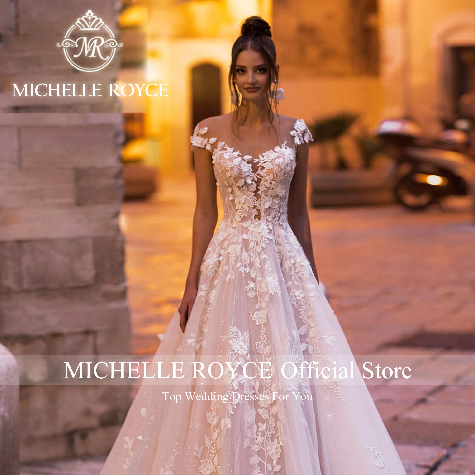 Michelle Royce-Vestidos De novia Acampanados para mujer, traje De boda en V profundo con escote, manga corta, apliques, Espalda descubierta, 2024