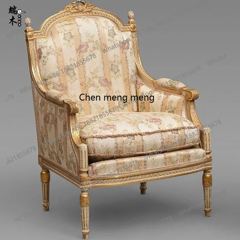 

French solid wood carving flower single sofa fabric golden leisure tiger chair sofa