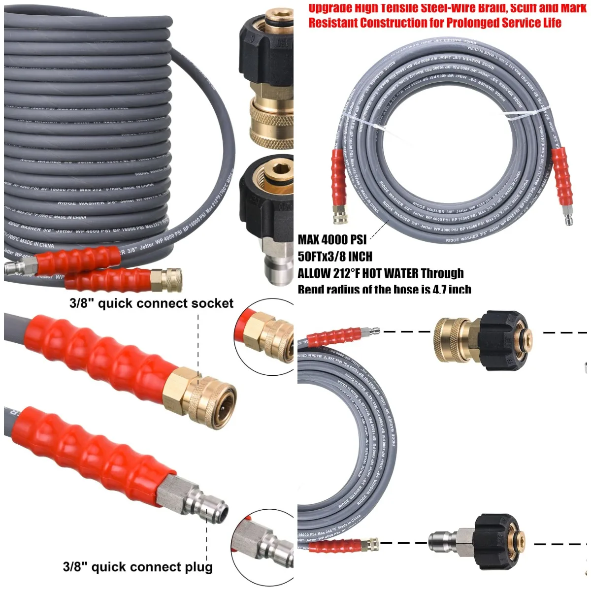 

Pressure Washer Hose 50 Feet X 3/8 Inch for Hot and Cold Water, with M22 14 mm to 3/8 Inch Quick Connect, 4000 PSI