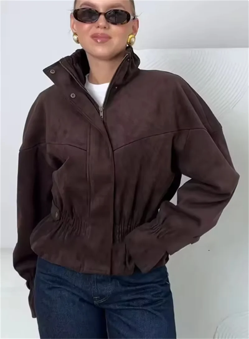 Guobioziy Women's Jacket 2026 Fall/Winter New Deep Brown Long-Sleeve Pleated Suede Texture Parka Jacket Stylish and Trendy