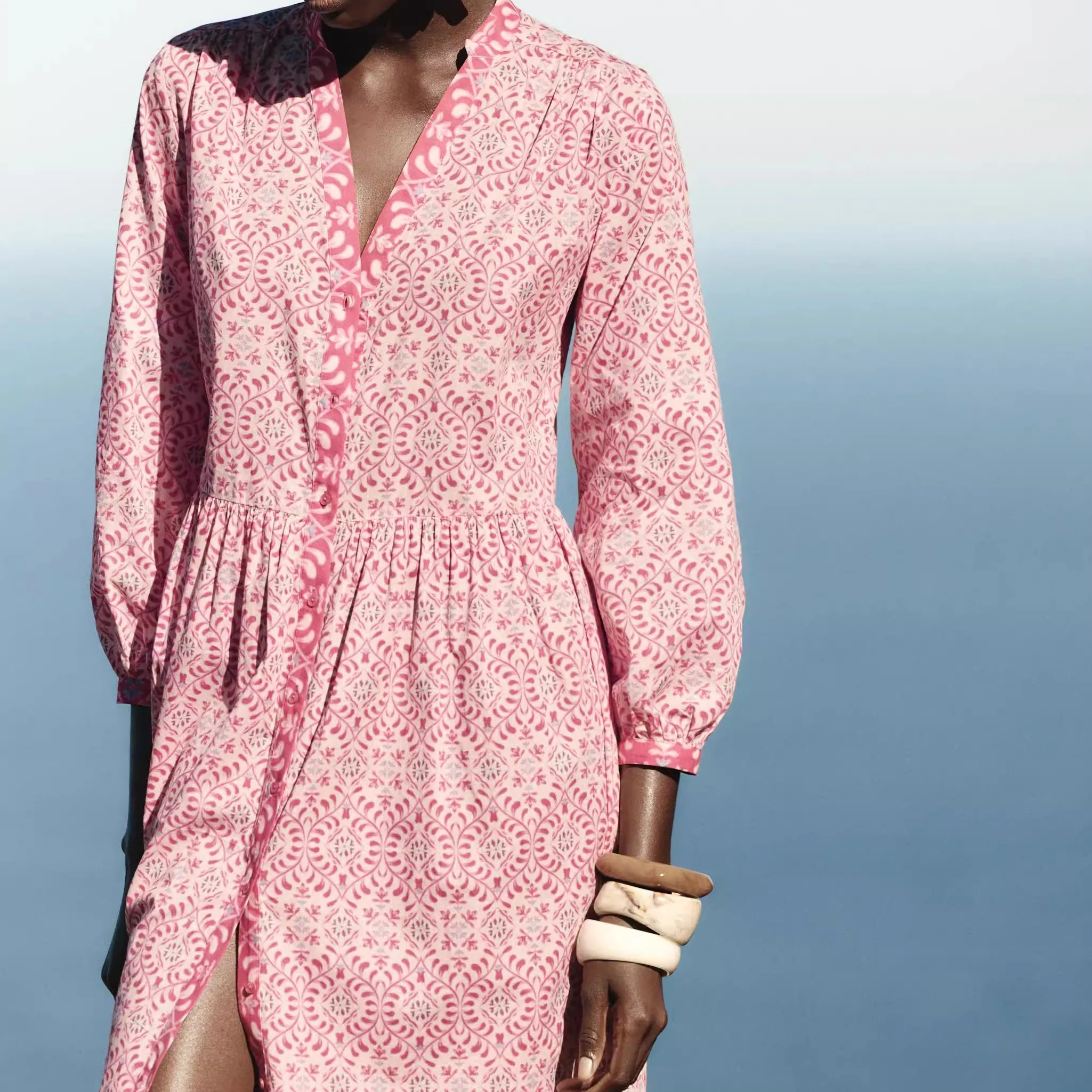 Sukienka midi w kwiatowy wzór z okrągłym dekoltem, długim rękawem, nowa letnia sukienka damska z rękawami typu dzwonek, wysoki stan, szyfon.